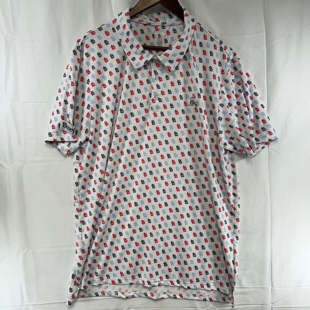 St. Louis Cardinals Polo Shirt Mens XL White All Over Logo MLB Baseball Stretch